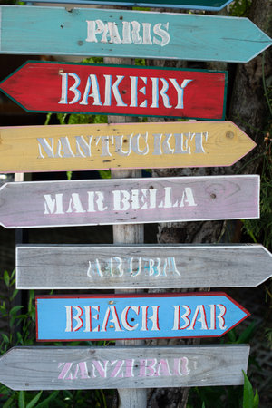Wooden signpost with the name of various places