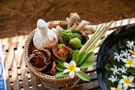 Spa still life with herbs and herbal compress balls in a basketの写真素材