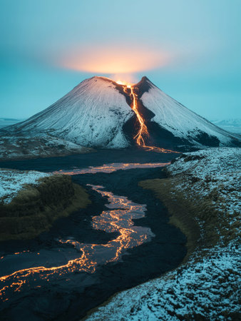 A majestic volcano erupts spewing bright orange lava down its slopes into a dark landscape