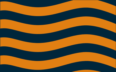 A repeating pattern of bold undulating orange and dark blue horizontal stripes creates a vibrant...