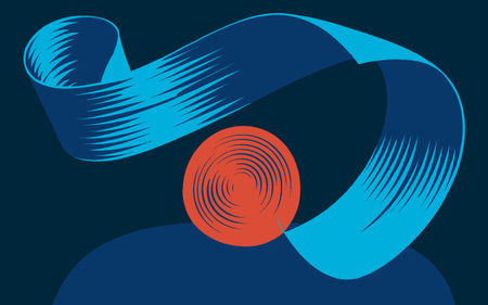 Abstract digital artwork featuring a swirling ribbon and a vibrant red sphere against a dark...
