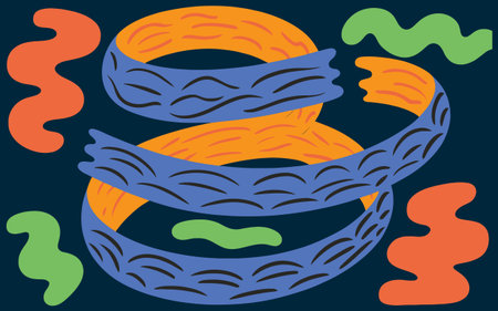 Abstract illustration featuring swirling ribbons in shades of orange blue and green on a dark...