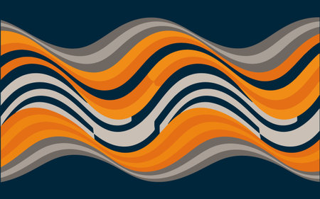Abstract undulating waves in shades of orange gray and navy blue create a vibrant rhythmic pattern