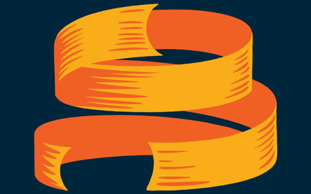 A vibrant illustration features swirling ribbons in shades of orange and yellow against a dark blue backdropのイラスト素材