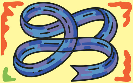 A colorful illustration of an intricate looping ribbon or knot design on a yellow background