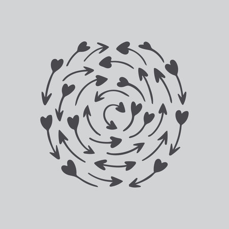 A swirling vortex of black heart shapes with arrows creating a dynamic circular pattern
