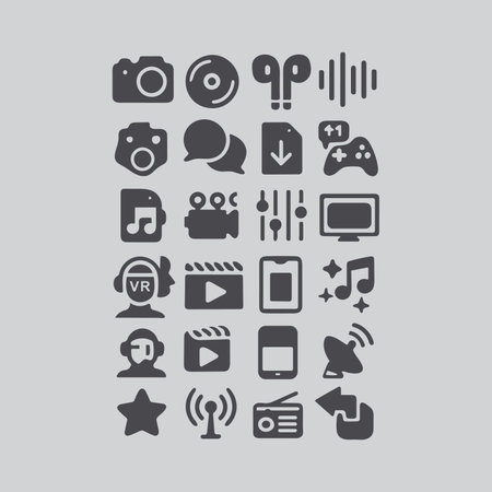 Collection of modern multimedia icons representing broadcasting audio and video production...