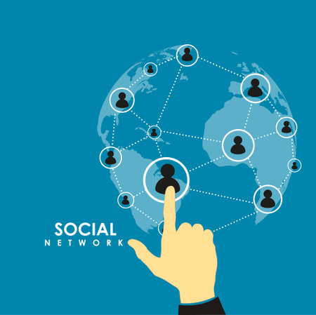 Flat design vector hand pressing social network icon on blue backgroundのイラスト素材