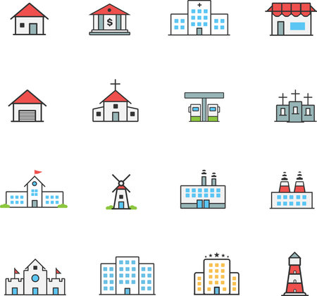 Vector line color buildings icon setのイラスト素材