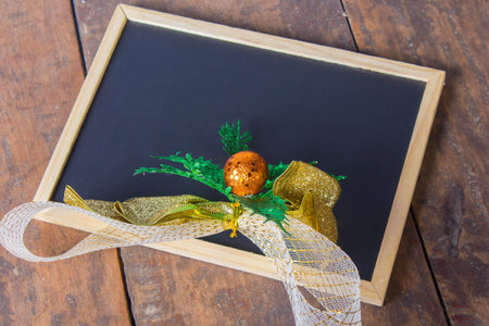 christmas tree branch ball with boardの写真素材