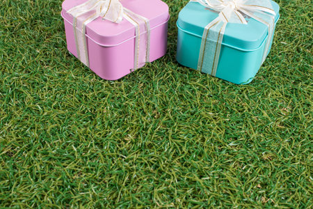 The gift boxs on the grass groundの写真素材