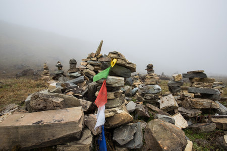 Stack of rock on Annapurna base camp at Himalaya Nepalの写真素材