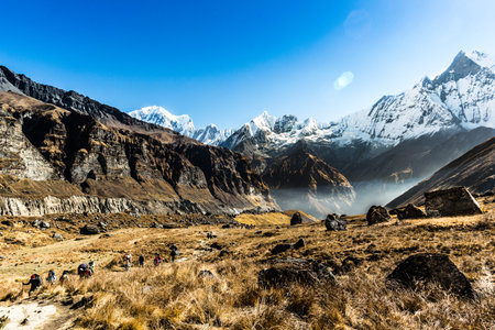 Mount Machapuchare with the sun lightの写真素材