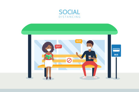 Social distancing concept illustration showing people at a bus stationのイラスト素材
