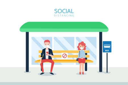 Social distancing concept illustration showing people at a bus stationのイラスト素材