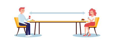 Social distancing concept illustration showing people in a restaurantのイラスト素材