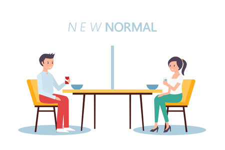 Social distancing concept illustration showing people in a restaurantのイラスト素材