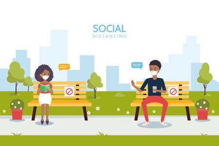Social distancing concept illustration showing people in a parkのイラスト素材
