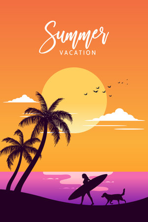Tropical beach with palm trees and sunset in orange toneのイラスト素材