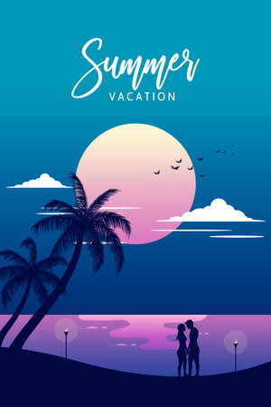 Tropical beach with palm trees and a coupleのイラスト素材