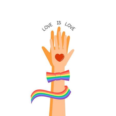 Vector for celebrating pride month; hands with rainbow ribbon on white backgroundのイラスト素材