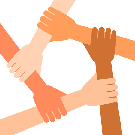 Isolated hands in different colors holding together on white backgroundのイラスト素材