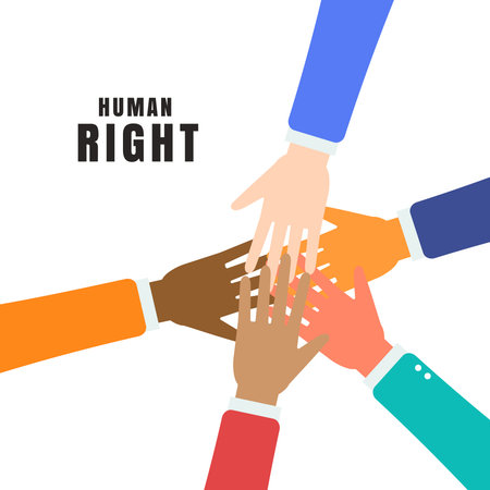 Isolated hands in different colors holding together on with message to support human rightのイラスト素材