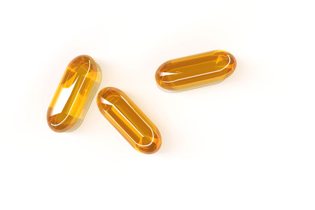 3D rendering of fish oil capsules on white backgroundの写真素材