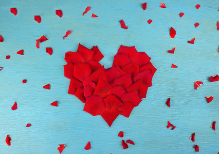 Rose petals in heart shape on turquoise backgroundの写真素材