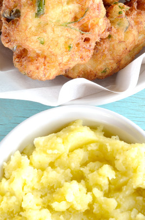 Traditional Greek dish of croquettes of cod fish and garlic dip, known as skordaliaの写真素材