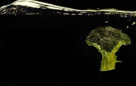 Broccoli in water on black backgroundの写真素材