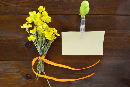 Small bouquet of  yellow wild flowers and on ornament of a green little bird on blank note paperの写真素材
