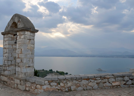 Bell tower of the Palamidi fortress and castle of Bourtziの写真素材