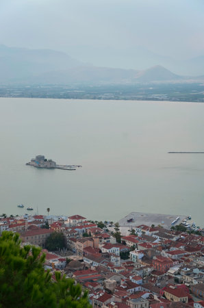 Sintagmatos square and Bourtzi view from Palamidi Castle in Nafplion , Greeceの写真素材