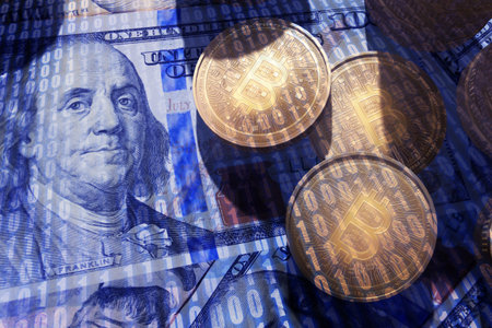 Dollar banknote overlay with blue text 0 and 1 , finance concept.の写真素材