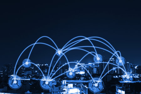 Blue theme network with topview night cityscape business,technology concept.の写真素材