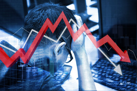 Blue theme trader sit on working table feel headache with transparency chart price and red arrow...