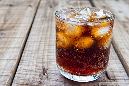 A glass of coca cola with ice on wood plate の写真素材