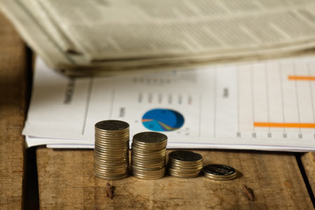 Stack of money on working desk, business concept.の写真素材