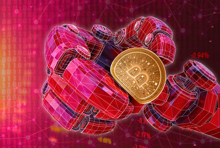 3D rendering,Red theme Robot's hand squeeze bitcoin with abstract digital background.