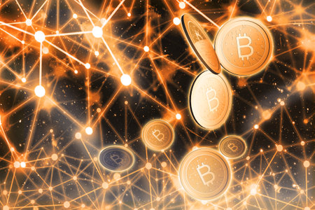 Bitcoins falling with background network peer to peer.3D illustration , finance concept.