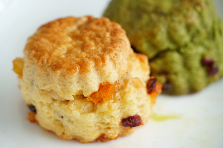 Two scone on white plate.の写真素材