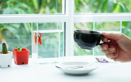 Hand hold black coffee cup with beautful fish and cactus on the table near the window