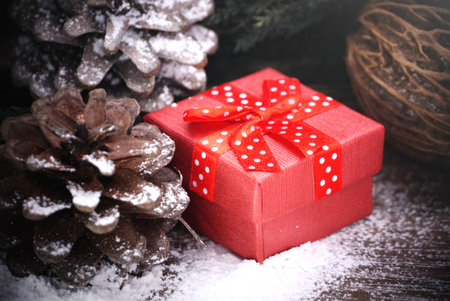 Red gift box with pine cone on the snow.