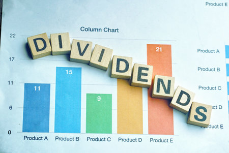 Text "DIVIDENDS" on wood dice which lay on graph volume document for down trend in stock investment concept.の写真素材