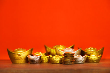 Gold bar and silver with red envelope decorate for chinese new year themeの写真素材