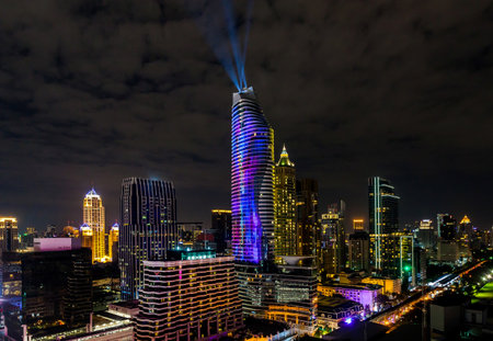 Colorful 3D Projection Mapping on the Building for New Years Celebration in Cityscape of Bangkok Thailand.の写真素材
