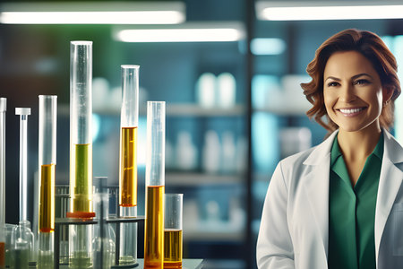 Scientist woman with test tube in science laboratory with smile refresed friendly. Generative AI.の素材