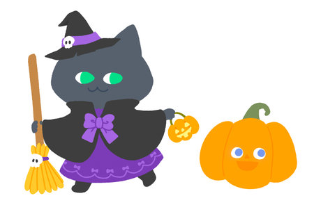 Cute black cat in a witch costume with a broom and a pumpkinのイラスト素材