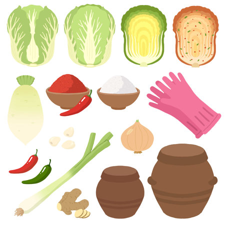 Vegetables and spices set. Vector illustration in flat style.のイラスト素材